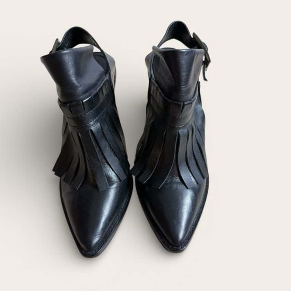Tibi New York - Black Leather Fringed Slingback Stiletto Booties - Sz 40 (9.5)